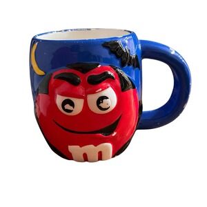 M&M Red Vampire Blue Coffee Cup Mug Halloween Rare Distressed Paint Peeling VTG